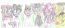 Size: 1948x843 | Tagged: safe, artist:ptitemouette, character:cheese sandwich, character:pinkie pie, oc, oc:charlie, oc:cheese cake, oc:cheese party, oc:coquillage, oc:sunshine sparkle, oc:surprise, parent:cheese sandwich, parent:cranky doodle donkey, parent:matilda, parent:pinkie pie, parent:princess skystar, parent:sunset shimmer, parent:twilight sparkle, parents:cheesepie, parents:skypie, parents:sunsetsparkle, female, hybrid, interspecies offspring, magical lesbian spawn, marriage, mother and daughter, oc x oc, offspring, shipping, siblings, sick, sisters, wedding
