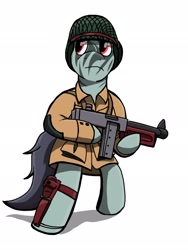 Size: 1536x2048 | Tagged: safe, artist:samoht-lion, oc, oc only, species:earth pony, species:pony, bipedal, camouflage, clothing, earth pony oc, face paint, gun, hat, jacket, simple background, soldier, solo, tommy gun, weapon, white background