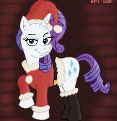 Size: 739x767 | Tagged: safe, artist:scobionicle99, character:rarity, species:pony, species:unicorn, boots, christmas, clothing, costume, female, hat, holiday, mare, santa costume, santa hat, shoes, solo