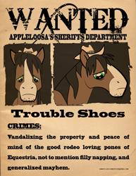 Size: 1275x1650 | Tagged: safe, artist:samoht-lion, character:trouble shoes, species:earth pony, species:pony, episode:appleoosa's most wanted, g4, my little pony: friendship is magic, bust, clothing, frown, hat, male, quote, sad, stallion, text, wanted poster