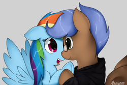 Size: 5000x3340 | Tagged: safe, artist:tetrapony, character:rainbow dash, oc, oc:odyssey flash, species:pegasus, species:pony, canon x oc, clothing, glasses, hoodie, hoof hold, looking into each others eyes