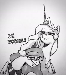 Size: 1816x2048 | Tagged: safe, artist:anticular, character:princess celestia, character:princess luna, species:alicorn, species:pony, crown, duo, duo female, female, grayscale, grin, jewelry, looking at you, mare, monochrome, ok boomer, ok zoomer, peytral, regalia, siblings, sisters, smiling, smug