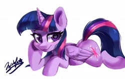 Size: 1900x1200 | Tagged: safe, artist:oofycolorful, character:twilight sparkle, character:twilight sparkle (alicorn), species:alicorn, species:pony, ear fluff, eyebrows, eyebrows visible through hair, female, heart eyes, leg fluff, prone, simple background, solo, white background, wingding eyes