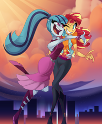 Size: 2654x3200 | Tagged: safe, artist:light262, character:sonata dusk, character:sunset shimmer, species:human, my little pony:equestria girls, city, clothing, cute, female, grin, happy, high res, hug, lesbian, one eye closed, open mouth, shimmerbetes, shipping, smiling, sonatabetes, sunata