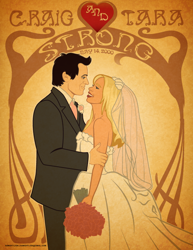 Size: 612x792 | Tagged: safe, artist:samoht-lion, species:human, 2015, bouquet, clothing, craig strong, dress, female, flower, heart, male, necktie, smiling, straight, suit, tara strong, wedding dress