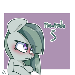 Size: 1500x1500 | Tagged: safe, artist:lou, character:marble pie, species:earth pony, species:pony, blushing, bust, crossed hooves, cute, dialogue, eye clipping through hair, female, marblebetes, mare, solo
