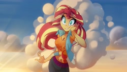Size: 4096x2304 | Tagged: safe, artist:light262, character:sunset shimmer, my little pony:equestria girls, breasts, cleavage, clothing, cloud, cute, cutie mark clothes, female, geode of empathy, high res, looking at you, magical geodes, no pupils, shimmerbetes, shirt, sky, solo, sunset, t-shirt, vest