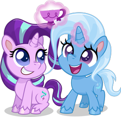 Size: 3611x3500 | Tagged: safe, artist:limedazzle, character:starlight glimmer, character:trixie, species:pony, species:unicorn, my little pony:pony life, chibi, cup, cute, diatrixes, digital art, female, glimmerbetes, mare, smiling, teacup, that pony sure does love teacups