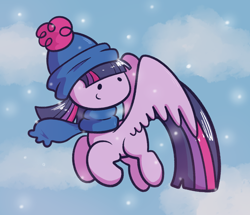 Size: 1400x1202 | Tagged: safe, artist:typhwosion, character:twilight sparkle, character:twilight sparkle (alicorn), species:alicorn, species:pony, clothing, cloud, cute, female, flying, hat, mare, no nose, scarf, sky, snow, snowfall, solo, twiabetes, winter, winter outfit