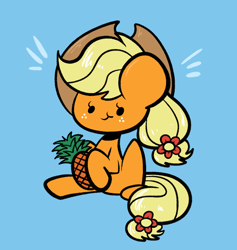 Size: 1062x1120 | Tagged: safe, artist:typhwosion, character:applejack, species:earth pony, species:pony, blue background, cute, dot eyes, eating, female, flower, flower in hair, food, herbivore, jackabetes, mare, pineapple, simple background, sitting, solo