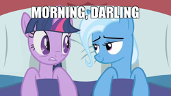 Size: 700x394 | Tagged: safe, artist:dtkraus, edit, character:trixie, character:twilight sparkle, character:twilight sparkle (unicorn), species:pony, species:unicorn, ship:twixie, bed, bedroom eyes, caption, darling, eye contact, female, frown, gritted teeth, image macro, lesbian, looking at each other, mare, meme, shipping, smiling, star trek, star trek: the next generation, text, trixie yells at everything, twilight's morning after, wallpaper, wide eyes