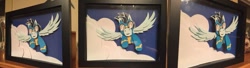Size: 1097x300 | Tagged: safe, artist:samoht-lion, character:soarin', species:pegasus, species:pony, clothing, cloud, flying, goggles, irl, male, photo, stallion, traditional art, uniform, wonderbolts uniform