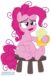 Size: 1900x2881 | Tagged: safe, artist:kuren247, character:pinkie pie, species:earth pony, species:pony, alcohol, beer, blushing, drunk, drunkie pie, female, frizzy hair, mug, simple background, solo, stool, transparent background, vector