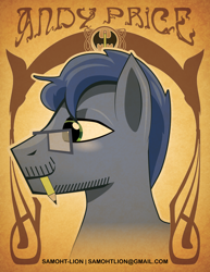 Size: 2550x3300 | Tagged: safe, artist:samoht-lion, species:earth pony, species:pony, andy price, beard, bust, facial hair, glasses, male, mouth hold, pencil, ponified, solo, stallion, text