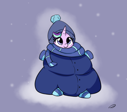 Size: 1791x1578 | Tagged: safe, artist:taurson, character:starlight glimmer, species:pony, species:unicorn, clothing, coat, cute, female, glimmerbetes, hat, holiday, oversized clothes, scarf, snow, solo, winter, winter outfit