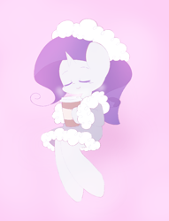 Size: 770x1008 | Tagged: safe, artist:typhwosion, character:rarity, species:pony, species:unicorn, clothing, coffee cup, cup, cute, eyes closed, female, jacket, mare, pink background, raribetes, simple background, solo, winter outfit
