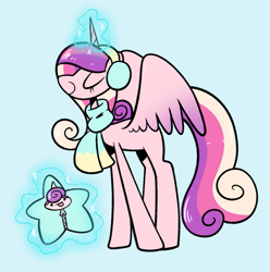 Size: 1299x1309 | Tagged: safe, artist:typhwosion, character:princess cadance, character:princess flurry heart, species:alicorn, species:pony, episode:best gift ever, g4, my little pony: friendship is magic, baby, baby pony, blep, blue background, clothing, cute, cutedance, dot eyes, duo, earmuffs, eyes closed, female, flurrybetes, magic, mare, missing cutie mark, mother and daughter, scarf, simple background, star flurry heart, telekinesis, tongue out, winter