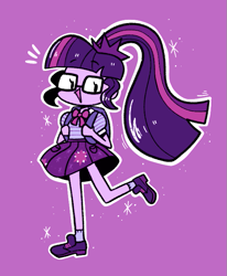 Size: 629x765 | Tagged: safe, artist:typhwosion, character:twilight sparkle, character:twilight sparkle (scitwi), species:eqg human, g4, my little pony: equestria girls, my little pony:equestria girls, backpack, bow tie, clothing, cute, female, glasses, open mouth, ponytail, purple background, shoes, simple background, skirt, smiling, socks, solo, twiabetes