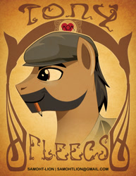 Size: 2550x3300 | Tagged: safe, artist:samoht-lion, species:earth pony, species:pony, beard, bust, clothing, facial hair, flat cap, hat, male, mouth hold, pencil, ponified, smiling, stallion, text, tony fleecs