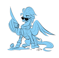Size: 1440x1397 | Tagged: safe, artist:probablyfakeblonde, oc, oc only, oc:andrew swiftwing, species:pegasus, species:pony, clothing, coffee, hoodie, male, oof, sketch, spilled drink, stallion, sunglasses, wing hands, wings