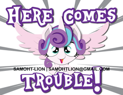Size: 500x386 | Tagged: safe, artist:samoht-lion, character:princess flurry heart, species:alicorn, species:pony, female, filly, flying, open mouth, smiling, solo, spread wings, sunburst background, text, wings