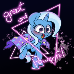 Size: 1500x1500 | Tagged: safe, artist:lou, character:trixie, species:pony, species:unicorn, abstract background, blushing, cape, clothing, cute, diatrixes, female, great and powerful, looking at you, mare, open mouth, smiling, solo, trixie's cape