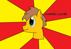 Size: 1412x978 | Tagged: safe, artist:lucas_gaxiola, oc, oc only, oc:charmed clover, species:earth pony, species:pony, bust, earth pony oc, male, smiling, solo, stallion, sunburst background