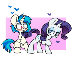 Size: 1763x1427 | Tagged: safe, artist:lou, character:dj pon-3, character:rarity, character:vinyl scratch, species:pony, species:unicorn, blushing, crack shipping, female, heart, lesbian, mare, raised hoof, rariscratch, shipping, shrunken pupils, smiling, tail flick, tail seduce