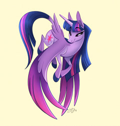 Size: 1000x1047 | Tagged: safe, artist:probablyfakeblonde, character:twilight sparkle, character:twilight sparkle (alicorn), species:alicorn, species:pony, female, flying, mare, simple background, solo, tail feathers, yellow background