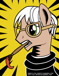 Size: 449x581 | Tagged: safe, artist:samoht-lion, species:earth pony, species:pony, abstract background, andy warhol, bust, clothing, glasses, male, mouth hold, paintbrush, ponified, pop art (character), solo, stallion