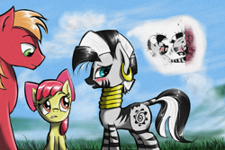 Size: 972x648 | Tagged: safe, artist:madhotaru, character:apple bloom, character:big mcintosh, character:zecora, species:earth pony, species:pony, species:zebra, ship:macora, blushing, brick, ear piercing, earring, jewelry, male, nervous, piercing, shipping, shy, stallion, straight, thought bubble