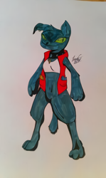 Size: 448x750 | Tagged: safe, artist:lucas_gaxiola, oc, oc only, species:anthro, species:diamond dog, species:digitigrade anthro, clothing, diamond dog oc, female, irl, photo, simple background, solo, traditional art, vest, white background