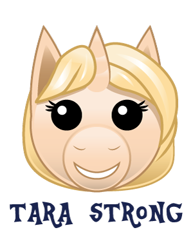 Size: 300x388 | Tagged: safe, artist:samoht-lion, species:pony, species:unicorn, bust, emoji, female, grin, mare, ponified, simple background, smiling, solo, tara strong, text, white background
