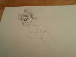 Size: 3264x2448 | Tagged: safe, artist:lucas_gaxiola, character:applejack, species:earth pony, species:pony, balancing, clothing, female, hat, irl, lineart, mare, photo, sketch, smiling, traditional art, wip
