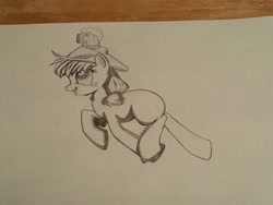 Size: 3264x2448 | Tagged: safe, artist:lucas_gaxiola, character:applejack, species:earth pony, species:pony, balancing, clothing, female, freckles, hat, irl, lineart, mare, photo, sketch, smiling, solo, traditional art, wip