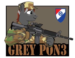 Size: 792x612 | Tagged: safe, artist:samoht-lion, oc, oc:grey pone, species:anthro, species:earth pony, species:pony, acog, camouflage, clothing, gun, hat, long sleeves, m4, rifle, simple background, smiling, solo, trigger discipline, weapon, white background