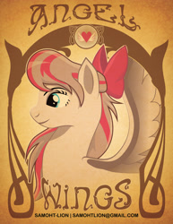 Size: 2550x3300 | Tagged: safe, artist:samoht-lion, character:angel wings, species:pegasus, species:pony, bow, bust, female, hair bow, mare, smiling, solo, text, wings