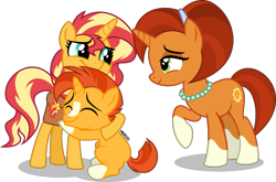 Size: 1099x727 | Tagged: safe, artist:orin331, character:stellar flare, character:sunburst, character:sunset shimmer, species:pony, species:unicorn, absurd resolution, blaze (coat marking), brother and sister, colt, family, female, foal, headband, headcanon, hug, jewelry, male, mare, mother and child, mother and daughter, mother and son, necklace, raised hoof, saddle bag, siblings, socks (coat marking), sunny siblings, teenager, trio