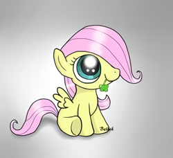 Size: 438x400 | Tagged: safe, artist:lucas_gaxiola, character:fluttershy, species:pegasus, species:pony, clover, cute, female, filly, filly fluttershy, gradient background, hair over one eye, mouth hold, shyabetes, sitting, smiling, solo, younger