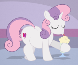 Size: 1200x1000 | Tagged: safe, artist:scobionicle99, character:sweetie belle, species:pony, species:unicorn, chubbie belle, chubby, drinking, drinking straw, fat, female, filly, hoof hold, milkshake, solo, sweetie belly, sweetie butt, weight gain
