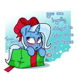 Size: 1500x1500 | Tagged: safe, artist:lou, character:trixie, species:pony, species:unicorn, blatant lies, blushing, bow, box, cute, diatrixes, female, mare, pony in a box, present, solo, sweat, sweating profusely, text
