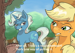 Size: 1700x1200 | Tagged: safe, artist:saturdaymorningproj, character:applejack, character:trixie, species:earth pony, species:pony, species:unicorn, dialogue, duo, grin, smiling, subtitles