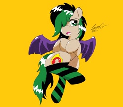 Size: 2048x1769 | Tagged: safe, alternate version, artist:lucas_gaxiola, oc, oc only, oc:ignic rhythm, species:bat pony, species:pony, bat pony oc, bedroom eyes, clothing, female, hair over one eye, lingerie, male, mare, on back, signature, simple background, socks, solo, spread wings, stallion, striped socks, wings