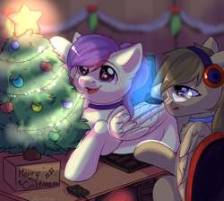 Size: 2732x2448 | Tagged: safe, artist:alphadesu, oc, oc only, oc:dawnsong, oc:evensong, species:earth pony, species:pegasus, species:pony, behaving like a cat, christmas, christmas tree, collar, computer, computer mouse, female, glasses, headphones, holiday, mare, siblings, sisters, tree, ych result