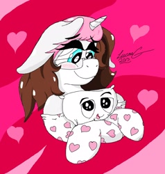 Size: 1946x2048 | Tagged: safe, artist:lucas_gaxiola, oc, oc only, oc:usagi, species:pony, species:unicorn, abstract background, bust, clothing, female, glasses, heart, horn, hug, mare, pillow, pillow hug, signature, smiling, socks, unicorn oc