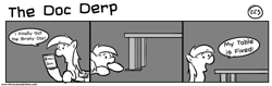 Size: 1280x404 | Tagged: safe, artist:tetrapony, character:derpy hooves, species:pegasus, species:pony, comic:the daily derp, brony documentary, bronydoc, comic, female, mare, monochrome, table, the doc derp