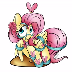 Size: 4096x4096 | Tagged: safe, artist:taurson, artist:tawnysweet, artist:tawnysweetarts, character:fluttershy, species:pegasus, species:pony, bridle, carousel, collaboration, cute, female, flower, flower in hair, harness, head turn, hoof shoes, looking at you, mare, peytral, raised hoof, ribbon, shyabetes, simple background, solo, tack, white background