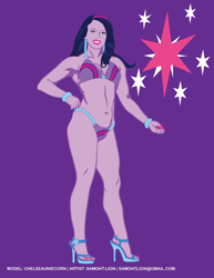 Size: 2550x3300 | Tagged: safe, artist:samoht-lion, character:twilight sparkle, my little pony:equestria girls, armpits, bikini, clothing, cutie mark background, female, grin, hand on hip, high heels, lipstick, nail polish, shoes, smiling, solo, swimsuit, uncanny valley
