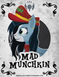 Size: 2550x3300 | Tagged: safe, artist:samoht-lion, oc, oc only, oc:mad munchkin, bust, clothing, ear piercing, earring, hat, jewelry, piercing, scarf, smiling, solo, text