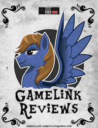 Size: 2551x3301 | Tagged: safe, artist:samoht-lion, oc, oc only, oc:gamelink reviews, species:pegasus, species:pony, bust, male, pegasus oc, smiling, solo, stallion, text, wings